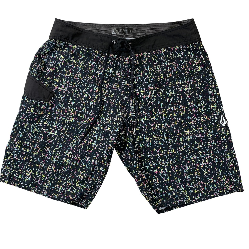 Volcom Mod-Tech Mens Board Shorts Size 34 Black Multi Color Glitch Print Swim
